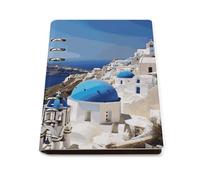 Santorini Greek Island Sea View A5 Loose Leaf Notebook, Premium PU Leather Refillable 6-Ring Binder Journal, Durable Cover Lined Paper Lay Flat Design for Writing Journaling and Organization