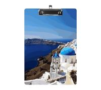 Santorini Greek Island Sea View Acrylic Clipboard A4, Durable Smooth Writing Board with Metal Clip, Portable Wall Mountable Document Clip Board for Office Classroom Nurses and Teachers