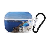 Santorini Greek Island Sea View AirPods Pro Case Cover with Keychain Ring PC Hard Shell Protective Case for AirPods Pro 2nd for Women Men Generation Easy Open Full Drop Protection Cover White-Style