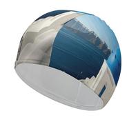 Santorini Greek Island Sea View Bathing Cap High Elasticity Swimming Caps Fit Both Long Hair Short Hair Comfortable Large Shower Cap for Drag Reduction and Hair Protection