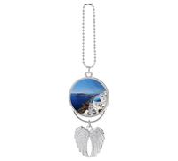 Santorini Greek Island Sea View Car Hanging Ornament Rear View Mirror Pendant Lucky Presents Hanging Ornament Funny Car Pendant for Office Auto Home Decoration Silver-style