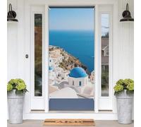 Santorini Greek Island Sea View Decorative Front Door Cover Spring Summer Door Cover with Hanging Rope Washable Welcome Porch Sign Reusable Photography Background Wall Backdrop Home Party Decor 71x35