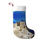 Santorini Greek Island Sea View Double Sided Christmas Stocking-Ultra Soft Plush With Full Print, Hangable White Cuff Red Webbing For Xmas Home Decoration(1-Pack)
