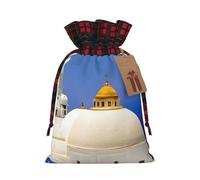 (Santorini Greek Island sea View) Drawstring Gift Bags with Tag Plaid Candy Bags for Holiday Christmas Party Supplies S