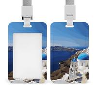 Santorini Greek Island Sea View ID Badge Holder - Retractable Badge Reel, Vertical Card Name Tag Holder with Breakaway Lanyard, ID Cards Holders Case for Nurse Security Staff Women Men