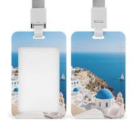 Santorini Greek Island Sea View ID Badge Holder with Lanyard Vertical Badge Reel Clip Durable Clear Window Name Tag ABS Plastic Push-Pull Design ID Card Holder for Office, Nurses, Employees