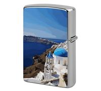 Santorini Greek Island Sea View Lighter Case Metal Double-Sided Lighter Cover Pocket Lighters Sleeve Windproof Lighters Accessories for Men Women