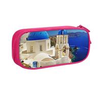 Santorini Greek Island Sea View Pencil Case, Large Capacity Double Layer Student Pencil Case - Durable Oxford Fabric School and Office Supplies Organizer