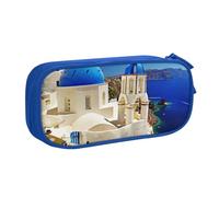 Santorini Greek Island Sea View Pencil Case, Large Capacity Double Layer Student Pencil Case - Durable Oxford Fabric School and Office Supplies Organizer