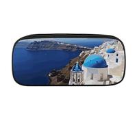 Santorini Greek Island Sea View Pencil Case Waterproof Leather Pencil Pouch Multi-purpose Aesthetic Makeup Bag Cute Pen Bag Large Cosmetic Bag for Office Stationery, Travel