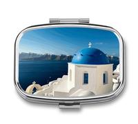 Santorini Greek Island Sea View Pill Box 2 Compartment Portable Pill Case Daily Square Pill Organizer for Pocket Purse Daily Medicine Container to Hold Vitamins Fish Oil Travel Gifts