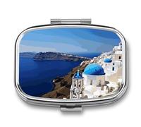 Santorini Greek Island Sea View Pill Box - 2 Compartment Travel Pill Organizer with Small Mirror, Portable Pillcase for Pocket & Purse, Cute Square Medicine Case, Weekly Medicine Container