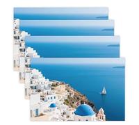 Santorini Greek Island Sea View Placemats 30x45cm*4 Linen Heat Resistant Placemats Waterproof Table Place Mats Washable Wipeable Outdoor Placemat for Kitchen Dining Room Table Decorations