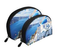Santorini Greek Island sea View Portable Shell Cosmetic Bag Set - Travel Makeup Organiser with Zipper & Inner Compartments