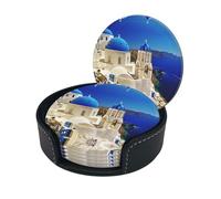 Santorini Greek Island Sea View Print Chic Round Leather Coasters – Set Of 6 Full-Print Coasters In A Premium Pu Leather Storage Box