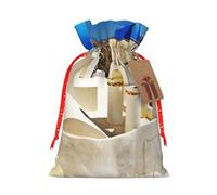 (Santorini Greek Island sea View) Print Christmas New Year Candy Gift Bag, Red Xmas Ribbon Drawstring Bags for Kids Xmas Holiday Eve Presents S Size