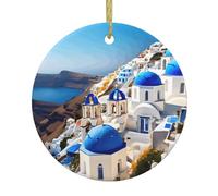 Santorini Greek Island Sea View Print Christmas Tree Ceramic Hanging, Ceramic Christmas Ornament For Home, Mall, Holiday