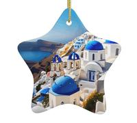 Santorini Greek Island Sea View Print Christmas Tree Ceramic Hanging,Christmas Tree Print Holiday Pendant Ornament