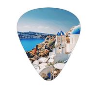 Santorini Greek Island sea View Print Guitar Picks 12-Pack - Assorted Thickness Picks with Storage Box & Assorted Unique Design for Acoustic, Electric, Bass, and Ukulele Players