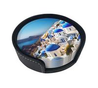 Santorini Greek Island Sea View Print Leather Round Coaster with Holder for Kitchen Office Dining Table Decor