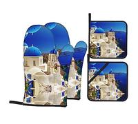 Santorini Greek Island Sea View Print Oven Mitts And Pot Holders Sets – Waterproof Polyester Fabric, Heat Resistant, Perfect For Kitchen And Outdoor Use