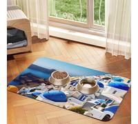 Santorini Greek Island sea View Print Pet Food Mat Absorbent Non Slip PU Leather Feeding Mat for Dogs Cats Rubber Bottom