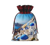 Santorini Greek Island Sea View Print Reusable Gift Decor Bags Festive Drawstring Pouches Anniversaries Wedding Favors