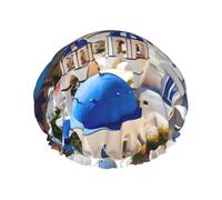 Santorini Greek Island Sea View Print Shower Cap Reusable Bath Cap Double Layer Bath Hair Caps, Keeps Hair Dry, Fits All Head