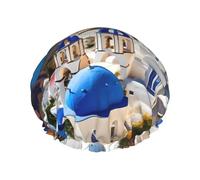 Santorini Greek Island Sea View Print Shower Cap Reusable Bath Cap Double Layer Bath Hair Caps, Keeps Hair Dry, Fits All Head