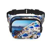 Santorini Greek Island sea View Print Square Double Layer functionality Waist Bag Unisex Crossbody Pack Travel Workout, Black, One Size