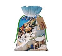 Santorini Greek Island sea View Printed Christmas Drawstring Bags for Xmas Gift Wrapping, Green Christmas Ribbon, M