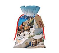 Santorini Greek Island sea View Printed Christmas Drawstring Bags for Xmas Gift Wrapping, Red Christmas Ribbon, S