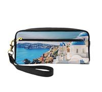 Santorini Greek Island sea View Printed Leather Makeup Bags with Wrist Strap Portable Travel Toiletry Bag Cosmetic Organizer Bag for Women