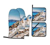 Santorini Greek Island sea View Printed Oven Gloves Potholders Set 4 PCS Heat-Resistant Oven Mitts & Hot Pads for Cooking Baking Grilling BBQ Gift