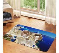 Santorini Greek Island Sea View Printed Pet Bowl Mats, Non-Slip And Tasteless Dog And Cat Feeding Mats