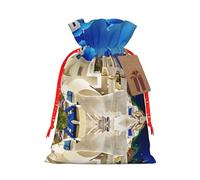 Santorini Greek Island Sea View Printing Cute Christmas Bag Drawstring Design 4.7x6.9 Inch For Christmas Party Birthday Gift Packaging