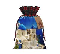 Santorini Greek Island Sea View Printing Cute Color Matching Plaid Christmas Bag Drawstring Design For Christmas Party Gift Packaging