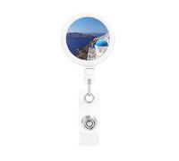 Santorini Greek Island sea View Retractable Badge Reel Heavy Duty Badge Holder with Belt Clip Retractable Lanyards ID Card Holder with Keychain Name Badge Clips for Office Nurse Employee