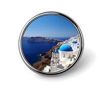 Santorini Greek Island Sea View Round Lapel Pin Women's Novelty Buttons & Pins Metal Badge Cute Brooch Retro Pinback Badge Fashion Bag Pins for Hat Backpacks Tie Suit Wedding Party Accessory, Circular