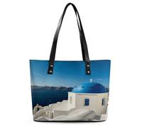 Santorini Greek Island Sea View Tote Bag Large Soft Leather Purse with Zipper Lightweight Ladies Shoulder Handbag