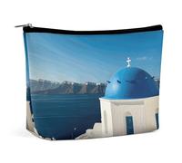 Santorini Greek Island Sea View Travel Makeup Bag Large Toiletry Bag for Women Waterproof Cosmetic Bags for Purse Portable Makeup Organizer Bags Cute Zipper Pouch Cosmetic Pouch Funny Travel Makeupbag
