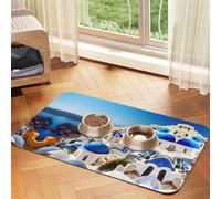 Santorini Greek Island Sea Viewprint Pet Absorbent Leather Tablecloth,Wipe Clean Quick Dry,Food Mat For Small Animals