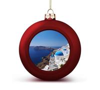 Santorini Greek Sea View Christmas Tree Ornaments 1.6 Inch Shatterproof Pc Plastic Balls with Lanyard Baubles Hanging Christmas Ball Ornaments for Xmas Tree Holiday Party Wedding Home Decorations-red