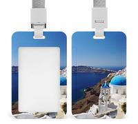 Santorini Greek Sea View Id Badge Holder with Lanyard, Clear Vertical Card Protector Waterproof, Breakaway Safety Neck Strap, Heavy Duty Name Tag Holder for Nurse Teacher Officer Staff Women Men