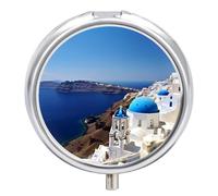 Santorini Greek Sea View Metal Pill Organizer, 3 Compartment Waterproof Pill Case with Mirror for Purse Pocket Bag, Daily Medicine Vitamin Holder, Portable Travel Med Container(Round)