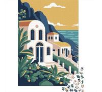 Santorini-inspired Coastal Villa Illustration 1000 Piece Jigsaw Puzzle, Historic Small Town View, Matte Printed Jigsaw for Travel Lovers, Birthday Gift, Screen-Free Fun, 38x26cm/1000pcs