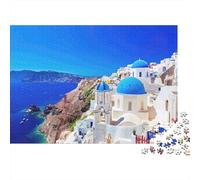 Santorini Island View 1000 Pieces Puzzles Colorful Santorini Blue Domed Church Wall Decoration Decompression Jigsaw for Men And Women Challenging Puzzles Jigsaw Puzzles for Adults 70x50cm/1000pcs