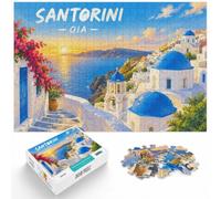 Santorini Oia Greece Travel Illustration Jigsaw Puzzle, 1000 Piece | For a puzzle gift at Christmas, this adult jigsaw puzzle with 1000 pieces turns winter downtime into puzzle time.