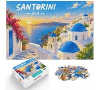 Santorini Oia Greece Travel Illustration Jigsaw Puzzle, 1000 Piece | For Christmas gifting and cosy winter evenings, this adult jigsaw puzzle with 1000 pieces fits long December evenings.