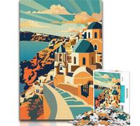 Santorini Sunset 1000 Piece Jigsaw Puzzles,Challenging To Complete But Fun And Humorous with Matching Poster And Trivia Sheet 50x75cm